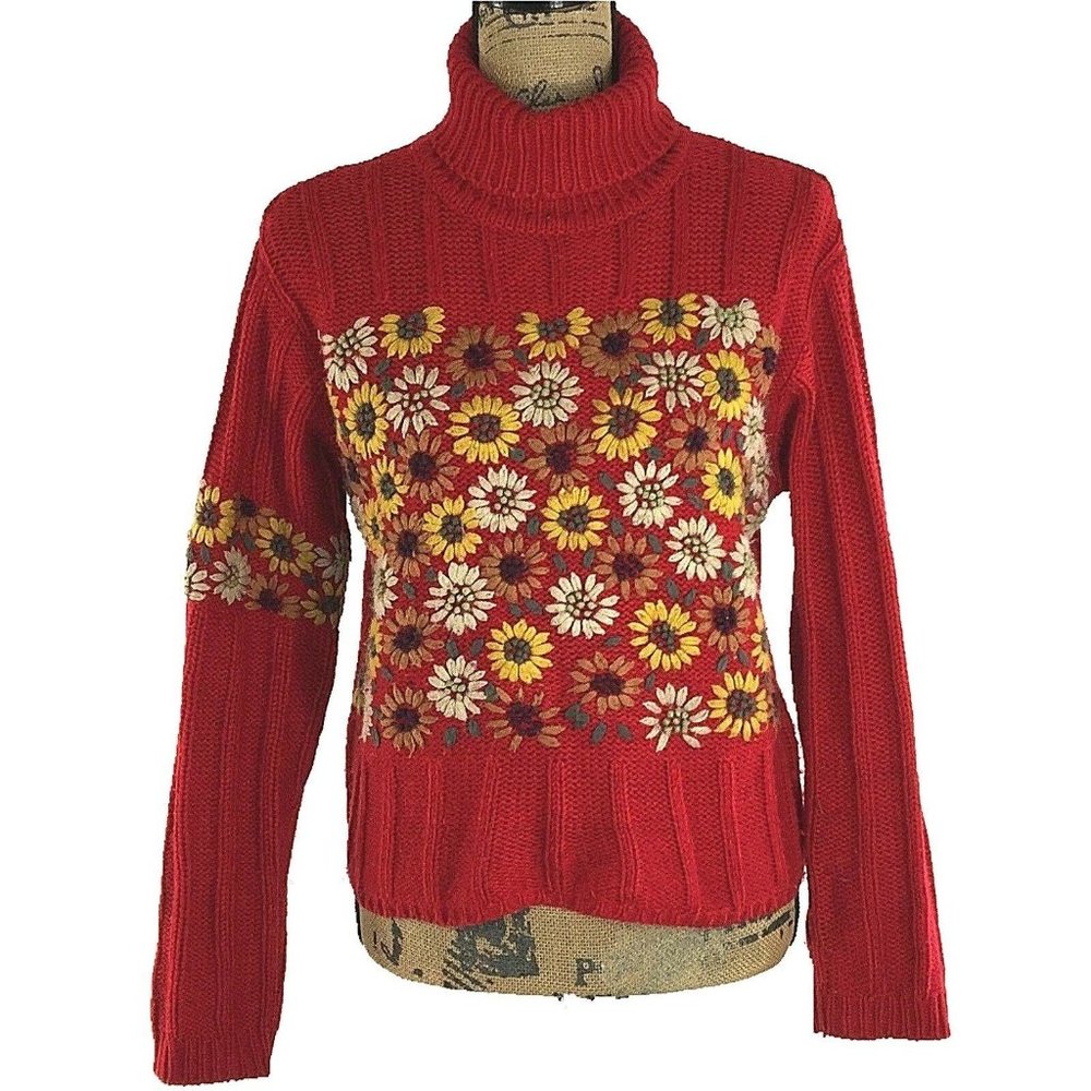 DADADI Italy Sweater Med Red Multi‎ Color Floral Embellish Turtleneck Comfy Warm